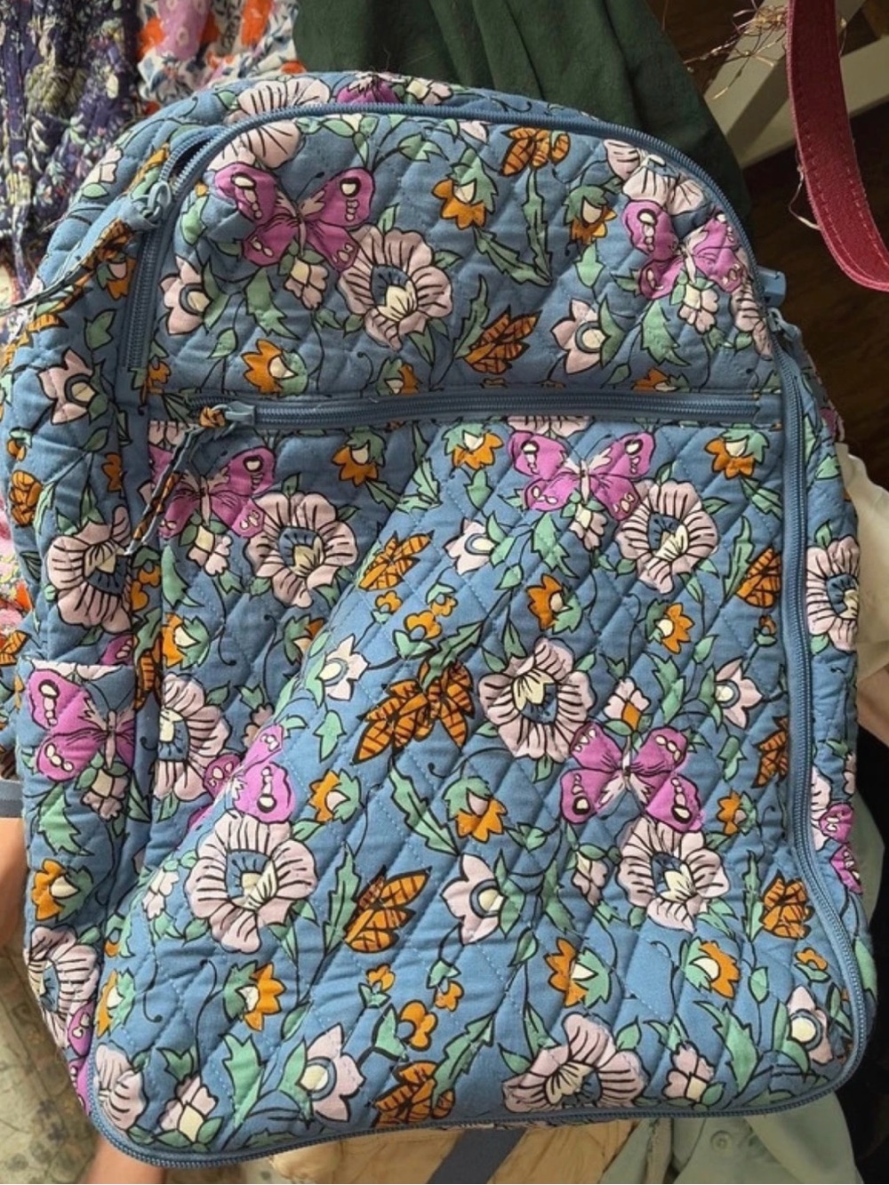 Vera Bradley Blue Quilted Backpack with Pink and Orange Floral Print